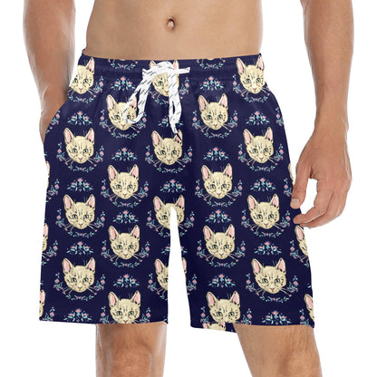 Cat Head with flower Print Pattern Men's Swim Trunks Beach Shorts