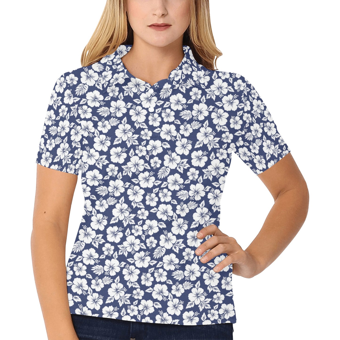 Hibiscus Blue Hawaiian Flower Style Women's Polo Shirt