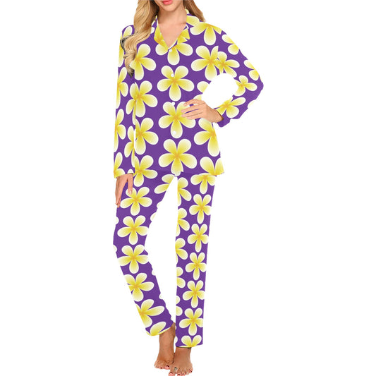 Yellow Plumeria Pattern Print Design PM05 Women's Long Pajama Set