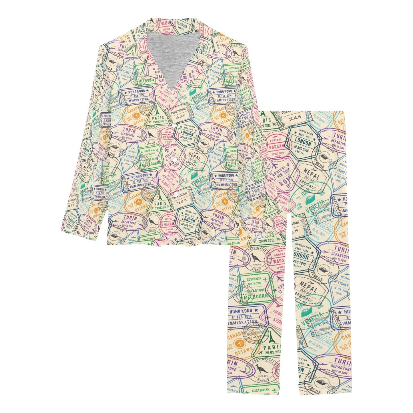 Travel Stamp Print Design LKS303 Women's Long Pajama Set