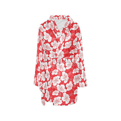 Flower Hawaiian Hibiscus Red Background Print Women's Fleece Robe
