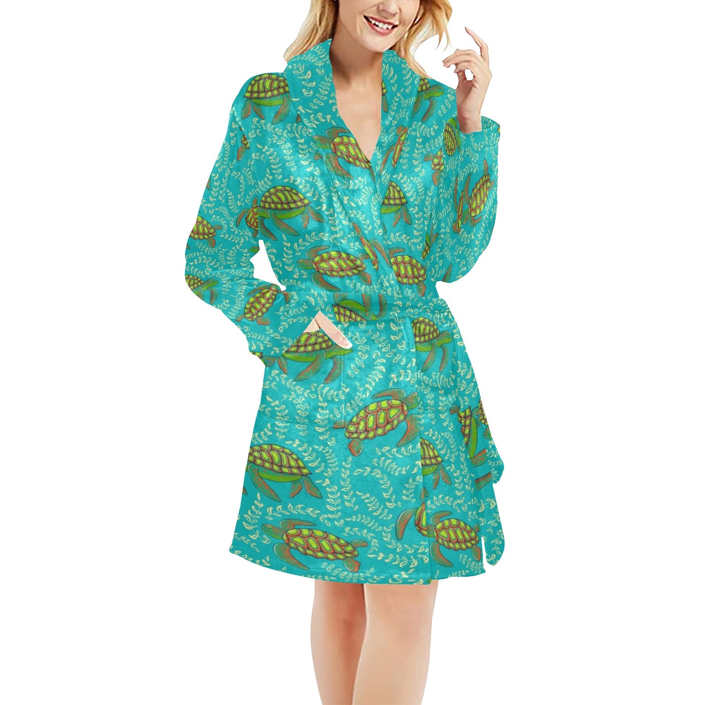 Sea Turtle Pattern Print Design T010 Women's Fleece Robe