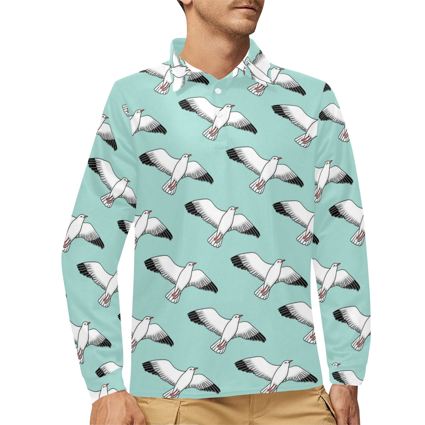 Pigeon Pattern Print Design 02 Long Sleeve Polo Shirt For Men's