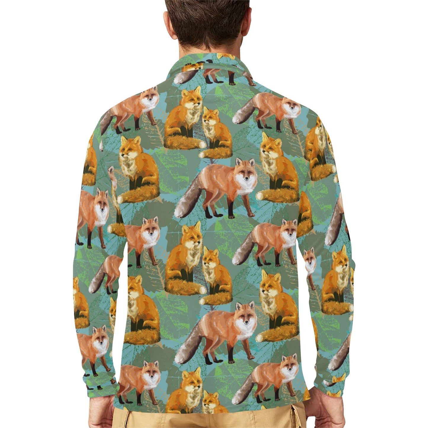 Fox Autumn leaves Themed Long Sleeve Polo Shirt For Men's