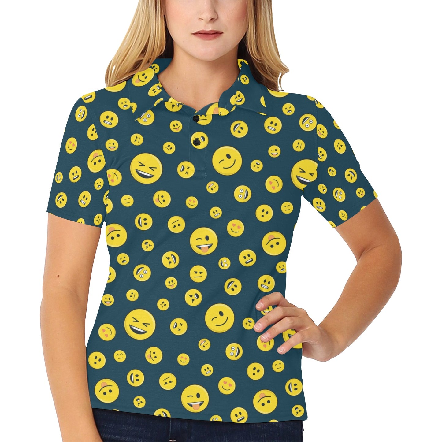 Smiley Face Emoji Print Design LKS301 Women's Polo Shirt