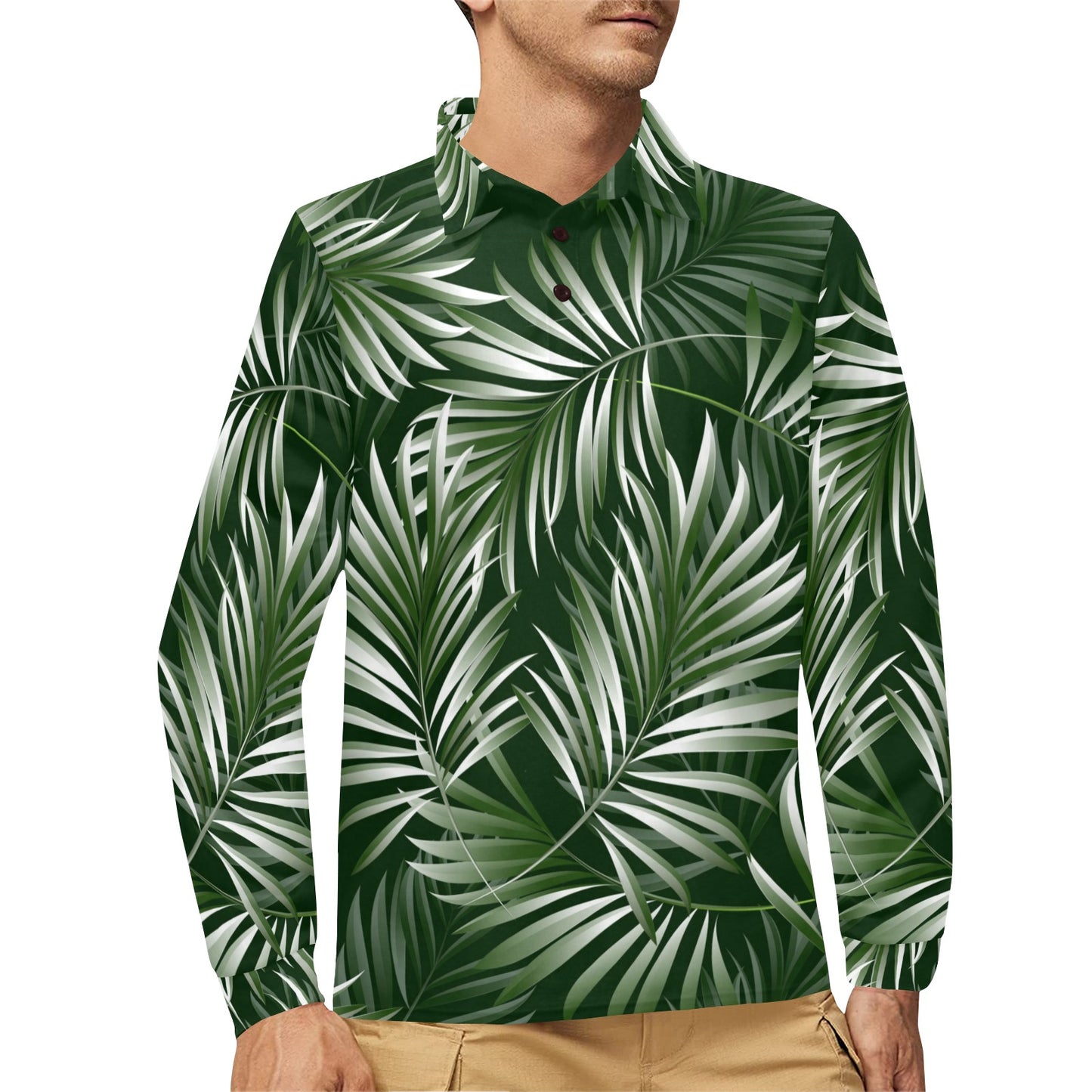 White Green Tropical Palm Leaves Long Sleeve Polo Shirt For Men's