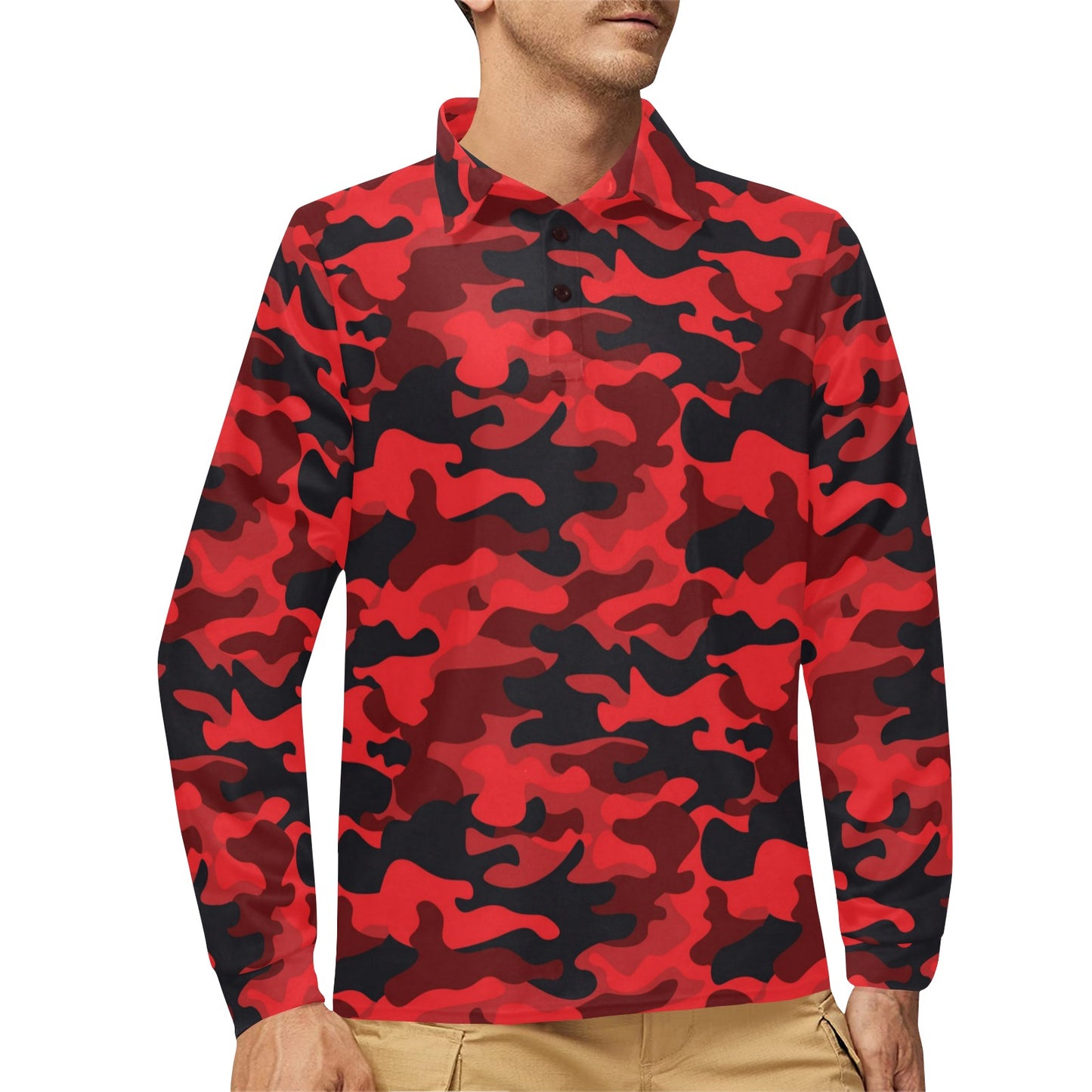 Camo Red Pattern Print Design 03 Long Sleeve Polo Shirt For Men's