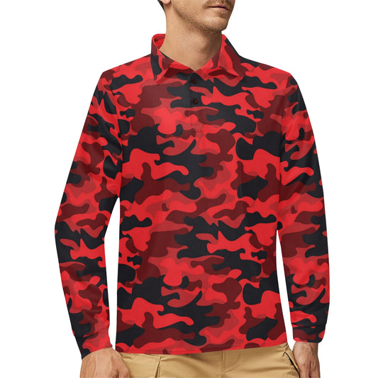 Camo Red Pattern Print Design 03 Long Sleeve Polo Shirt For Men's