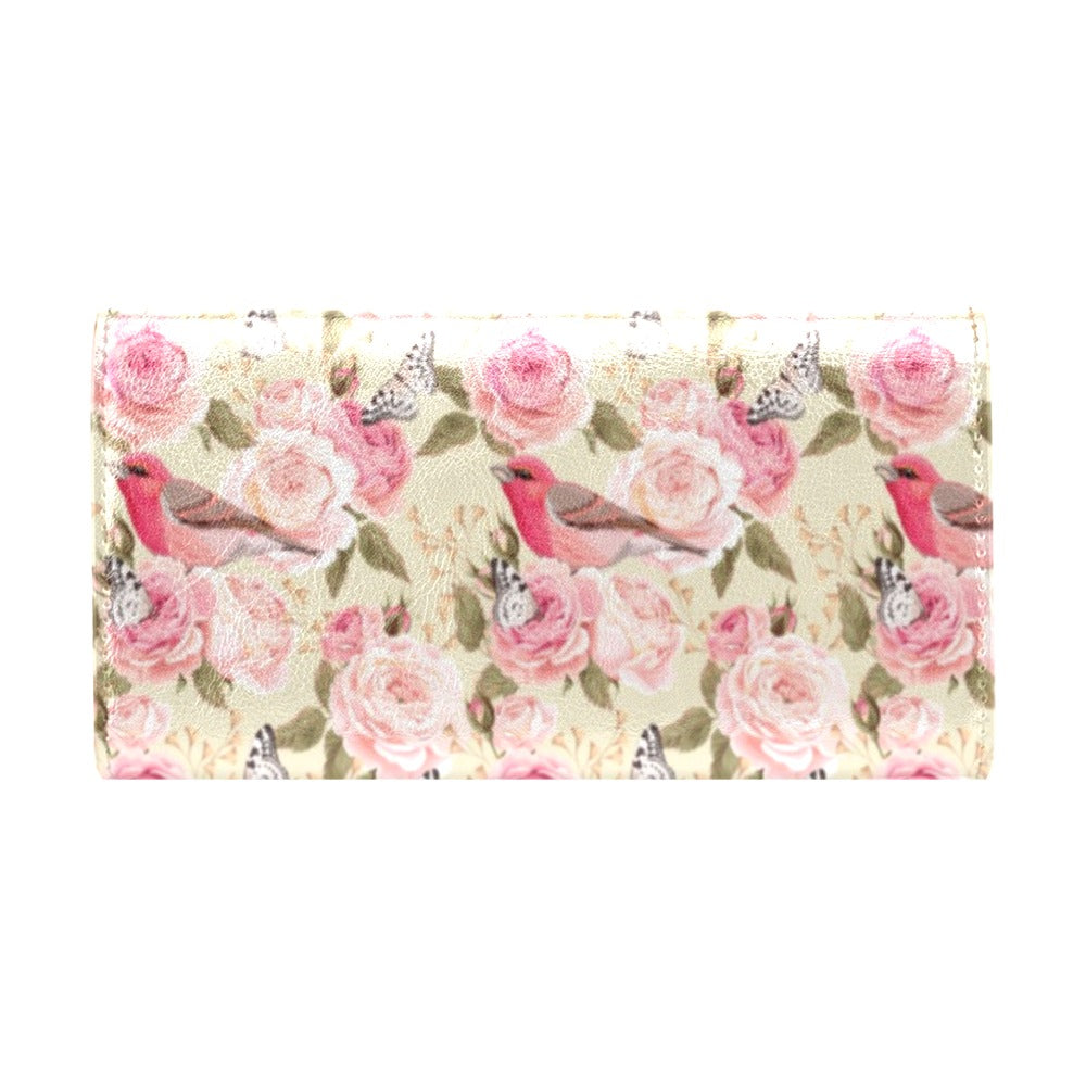 Bird Butterfly Pink Flower Print Pattern Women's Trifold Wallet