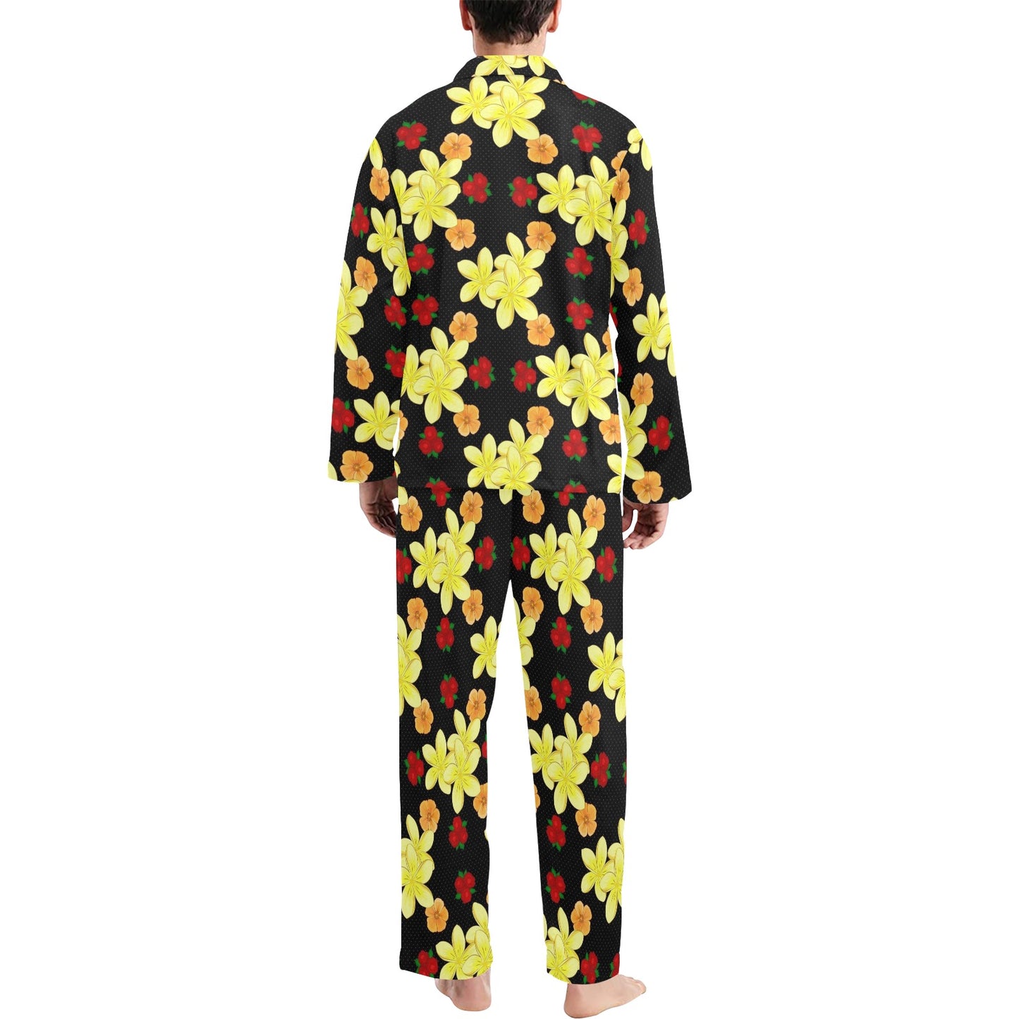 Yellow Plumeria Pattern Print Design PM04 Men's Long Pajama Set