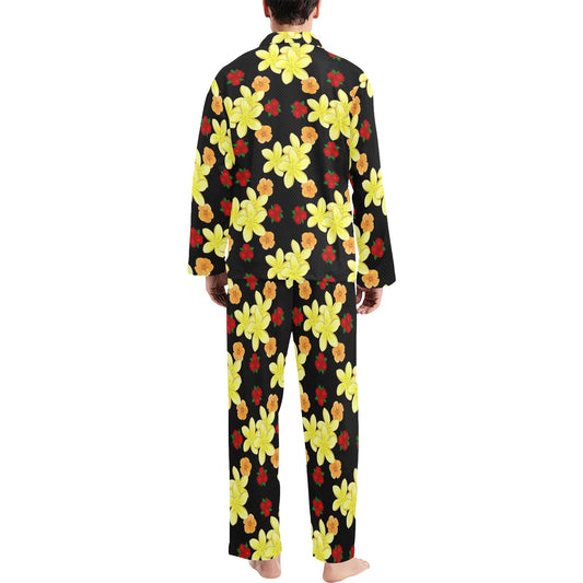 Yellow Plumeria Pattern Print Design PM04 Men's Long Pajama Set