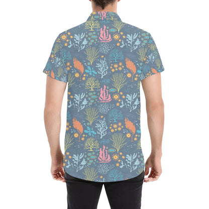 Seaweed Print Design LKS304 Men Short Sleeve Button Up Shirt