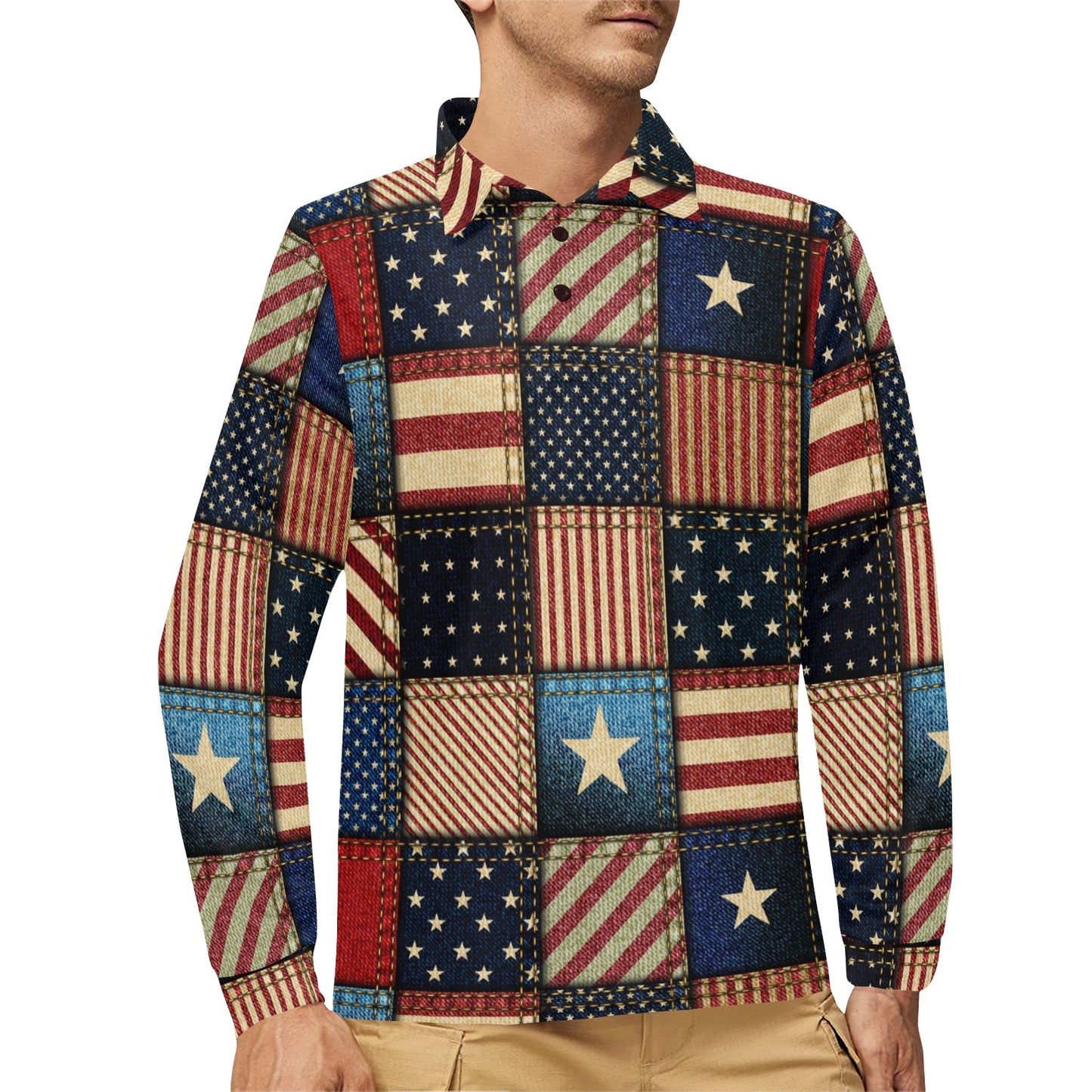 American flag Patchwork Design Long Sleeve Polo Shirt For Men's