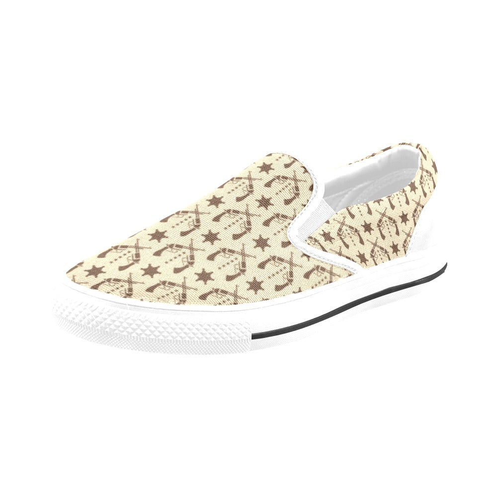 Western Cowboy Print Design LKS302 White Slip Ons Canvas Women's Shoes