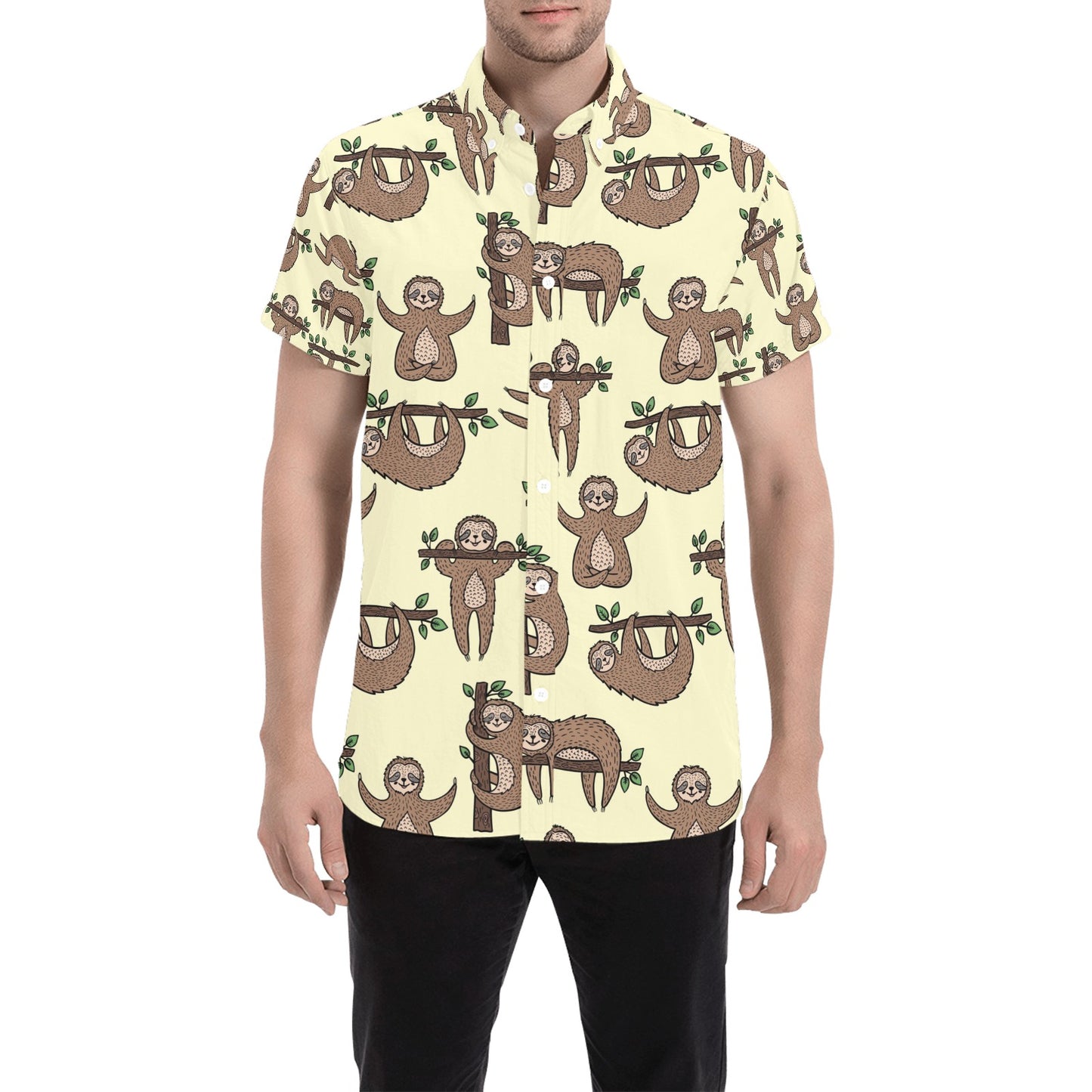 Sloth Print Design LKS3010 Men Short Sleeve Button Up Shirt