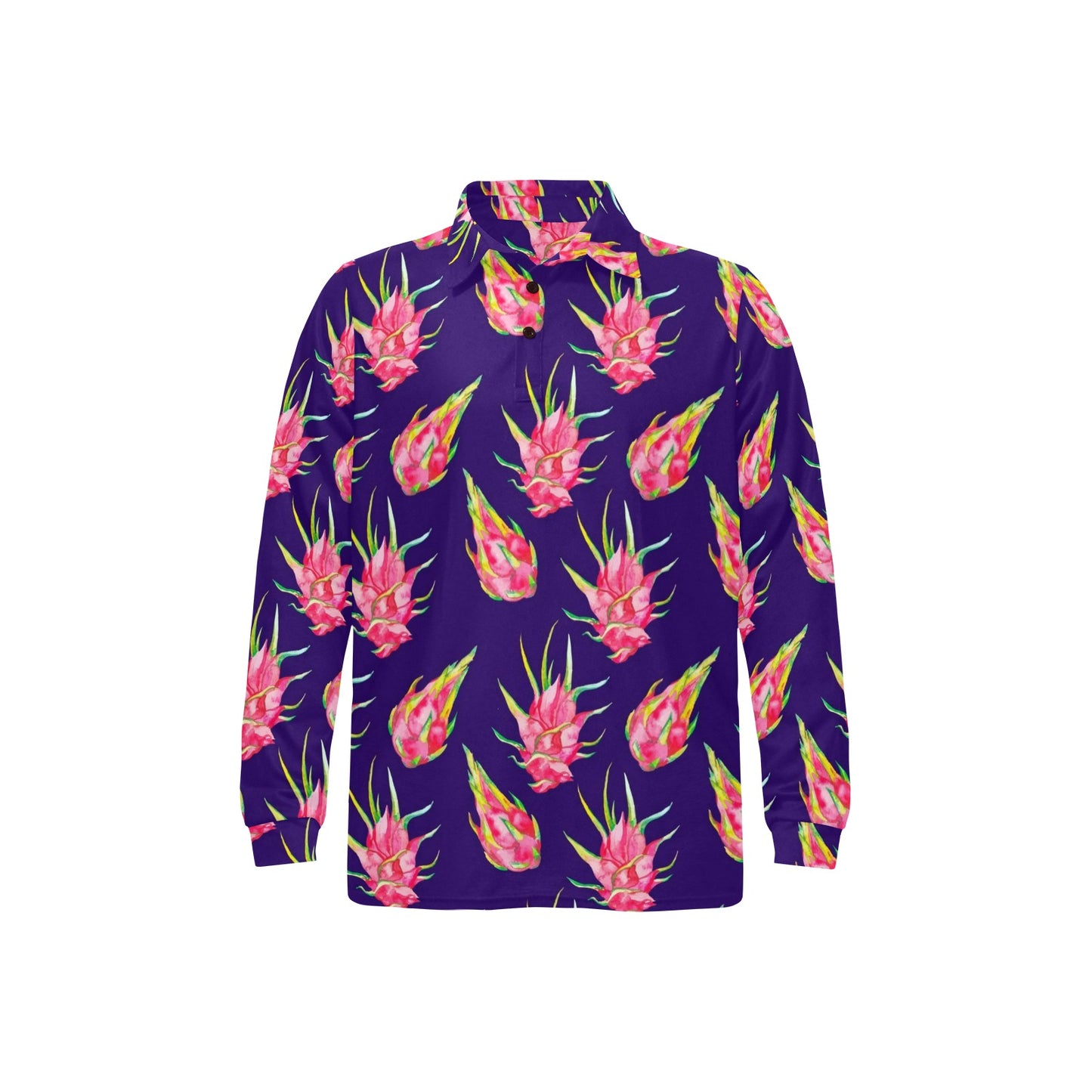 Dragonfruit Pattern Print Design DF02 Long Sleeve Polo Shirt For Men's