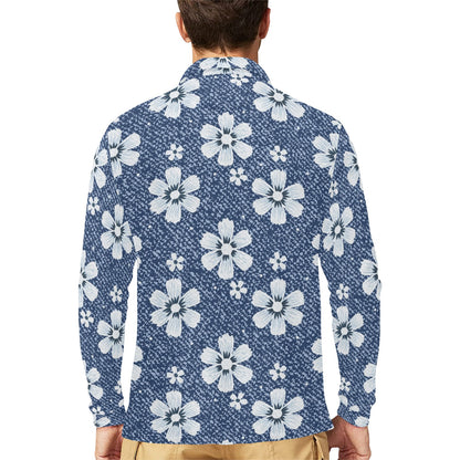 Jean Flower Pattern Print Design 03 Long Sleeve Polo Shirt For Men's