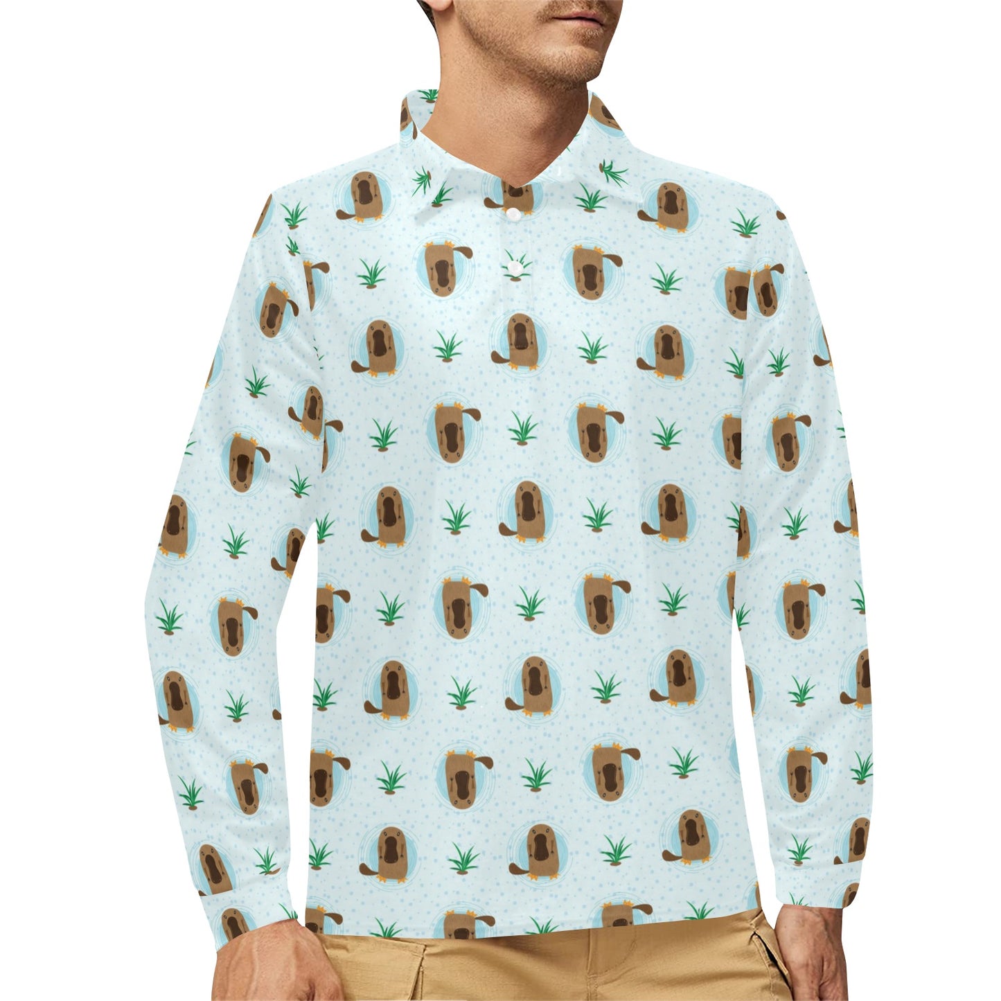 Platypus Pattern Print Design A04 Long Sleeve Polo Shirt For Men's
