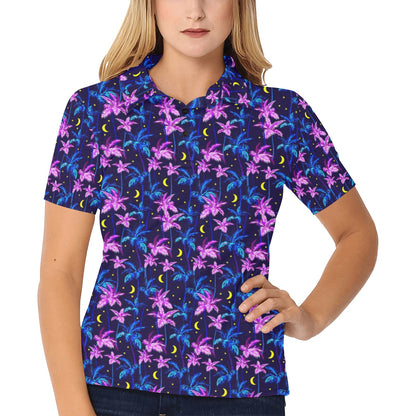 Palm Tree Night Scene Design Print Women's Polo Shirt