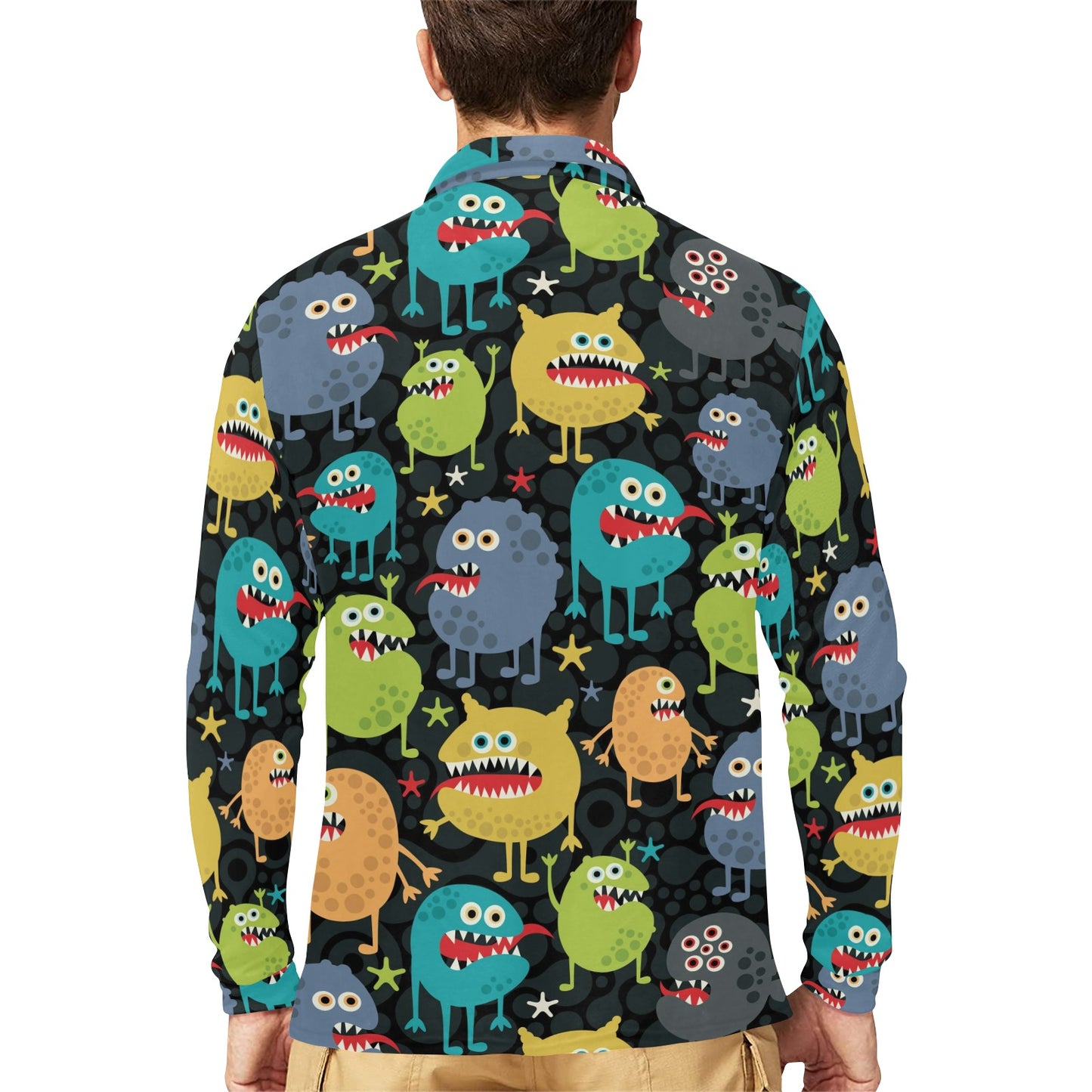 Monster Pattern Print Design 01 Long Sleeve Polo Shirt For Men's
