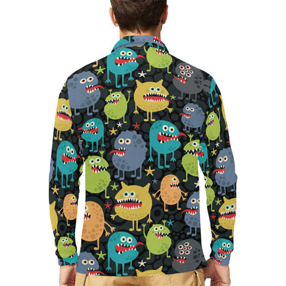 Monster Pattern Print Design 01 Long Sleeve Polo Shirt For Men's