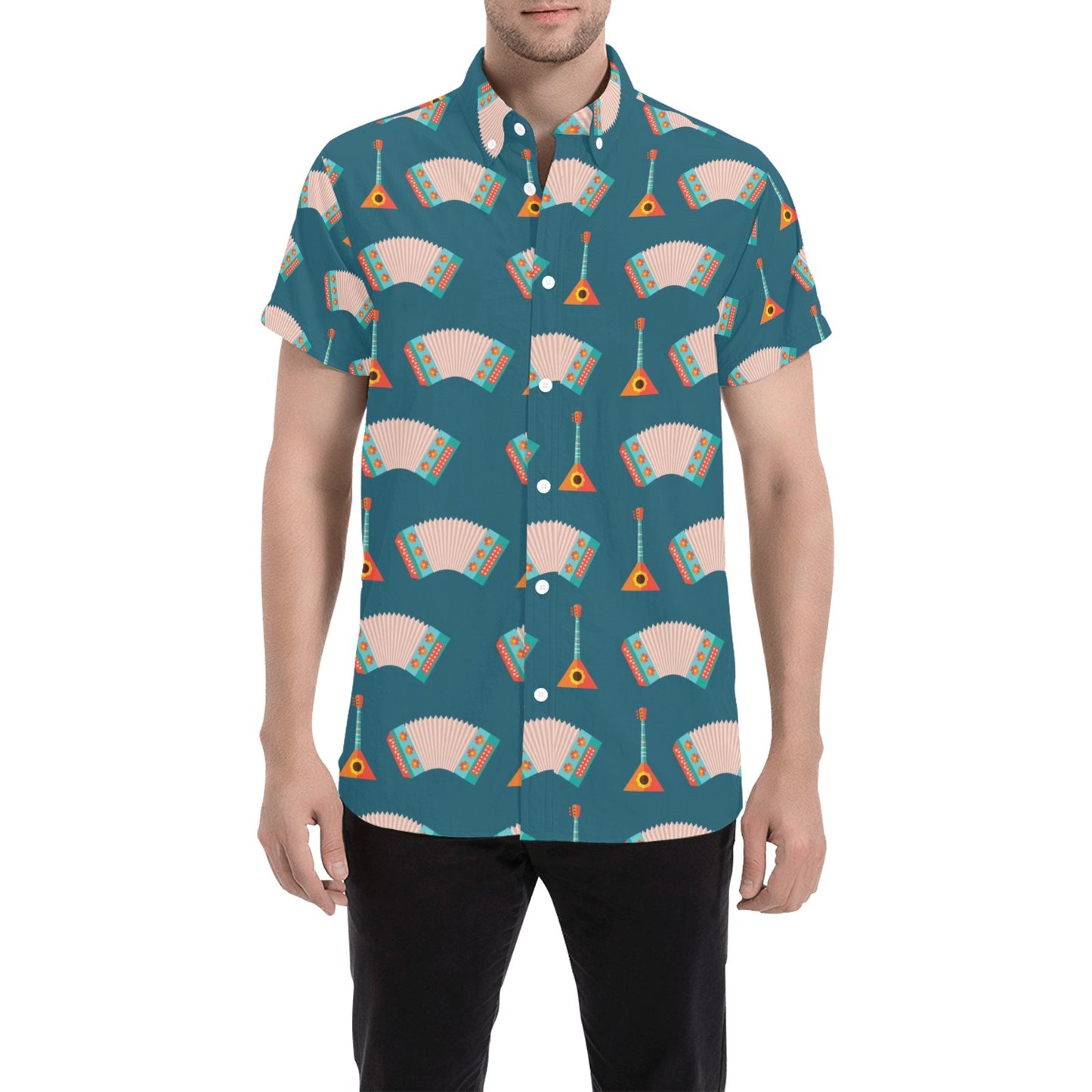 Accordion Print Design LKS402 Men Short Sleeve Button Up Shirt