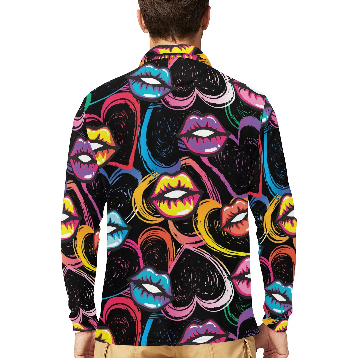 Pop Art Lip Pattern Print Design A03 Long Sleeve Polo Shirt For Men's