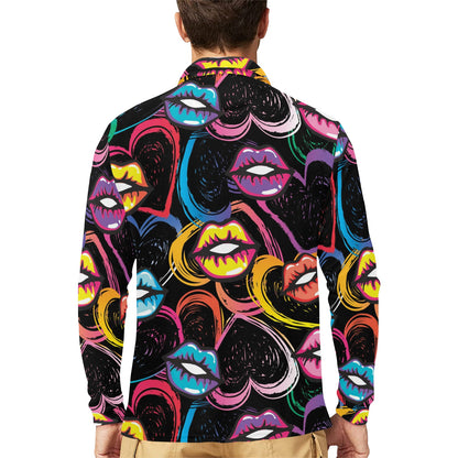Pop Art Lip Pattern Print Design A03 Long Sleeve Polo Shirt For Men's