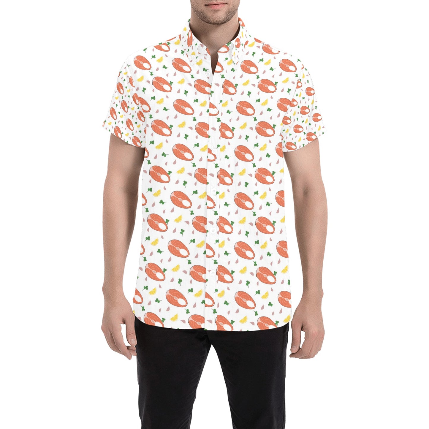 Salmon Steak Print Design LKS303 Men Short Sleeve Button Up Shirt