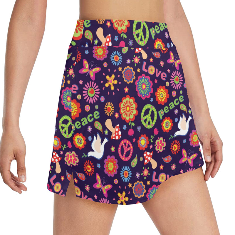 Flower Power Peace Design Print Women's Golf Skirt with Pocket