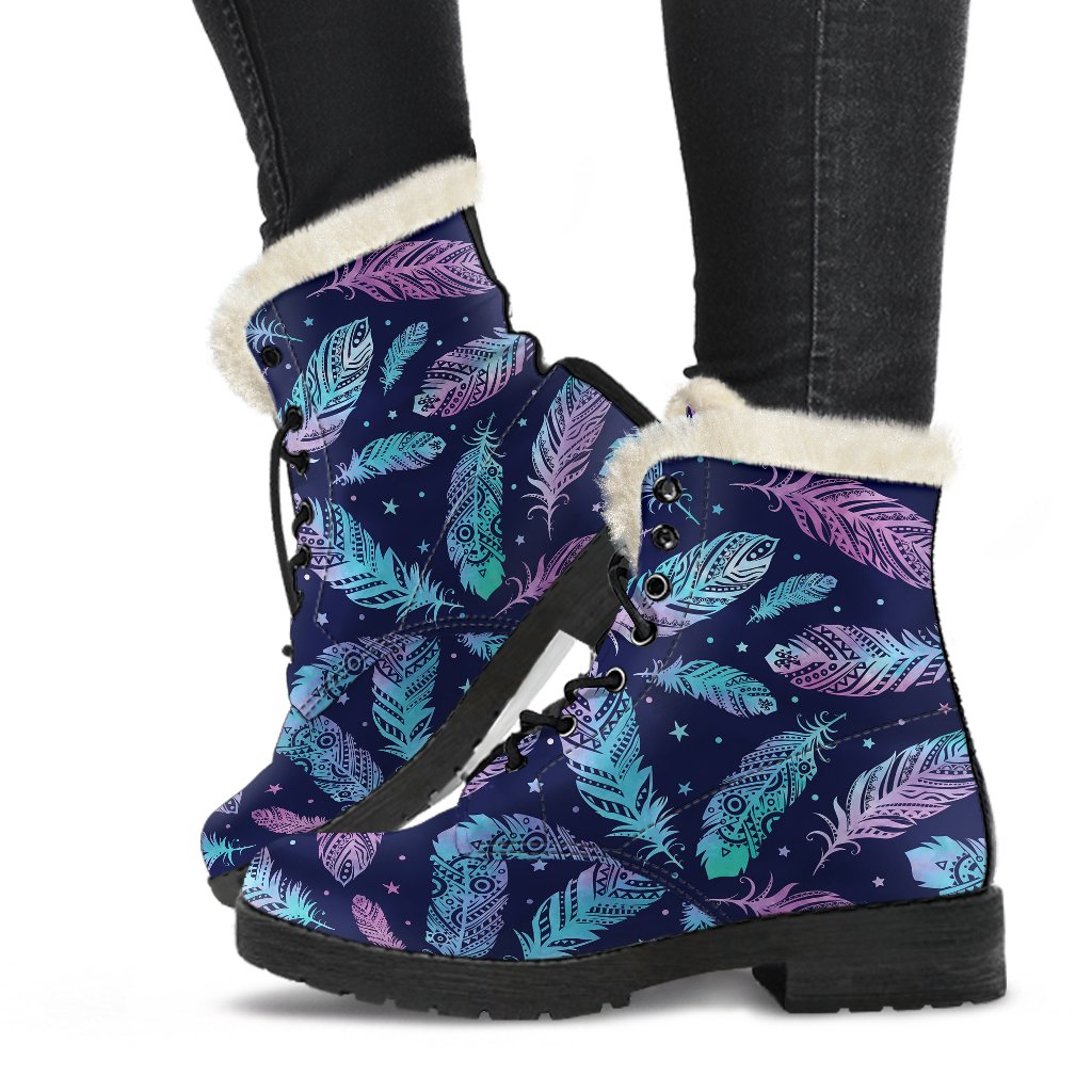 Feather Aztec Design Print Faux Fur Leather Boots-JTAMIGO.COM