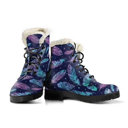 Feather Aztec Design Print Faux Fur Leather Boots-JTAMIGO.COM