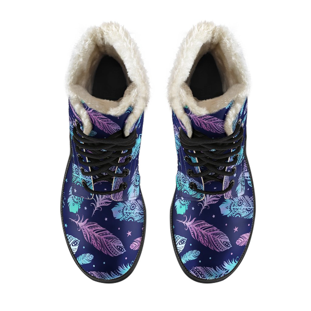 Feather Aztec Design Print Faux Fur Leather Boots-JTAMIGO.COM