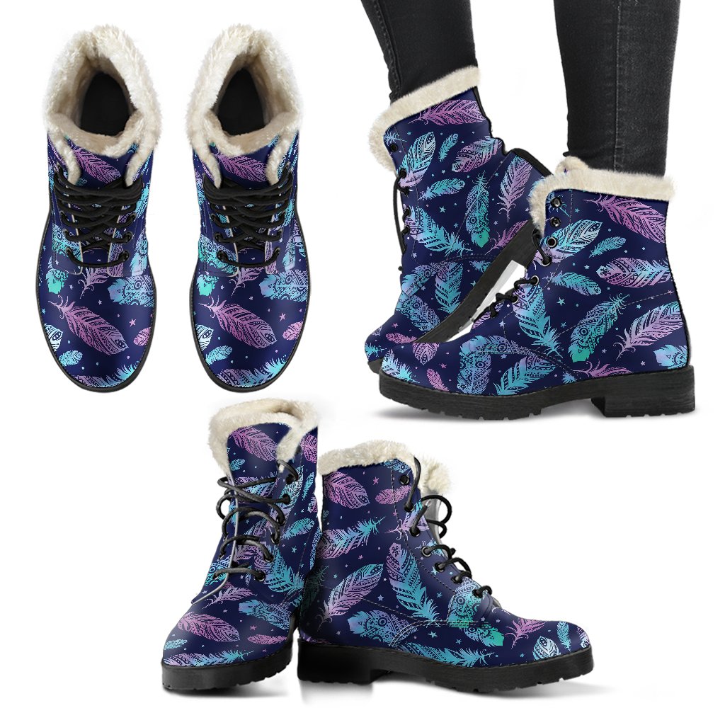 Feather Aztec Design Print Faux Fur Leather Boots-JTAMIGO.COM