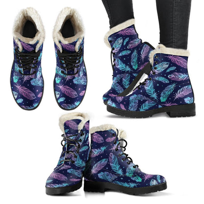 Feather Aztec Design Print Faux Fur Leather Boots-JTAMIGO.COM