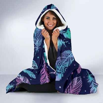 Feather Aztec Design Print Hooded Blanket-JTAMIGO.COM