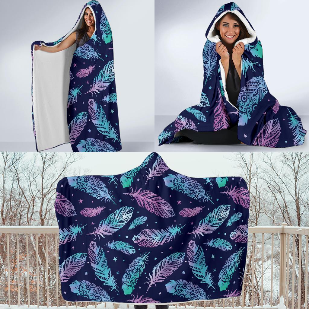 Feather Aztec Design Print Hooded Blanket-JTAMIGO.COM