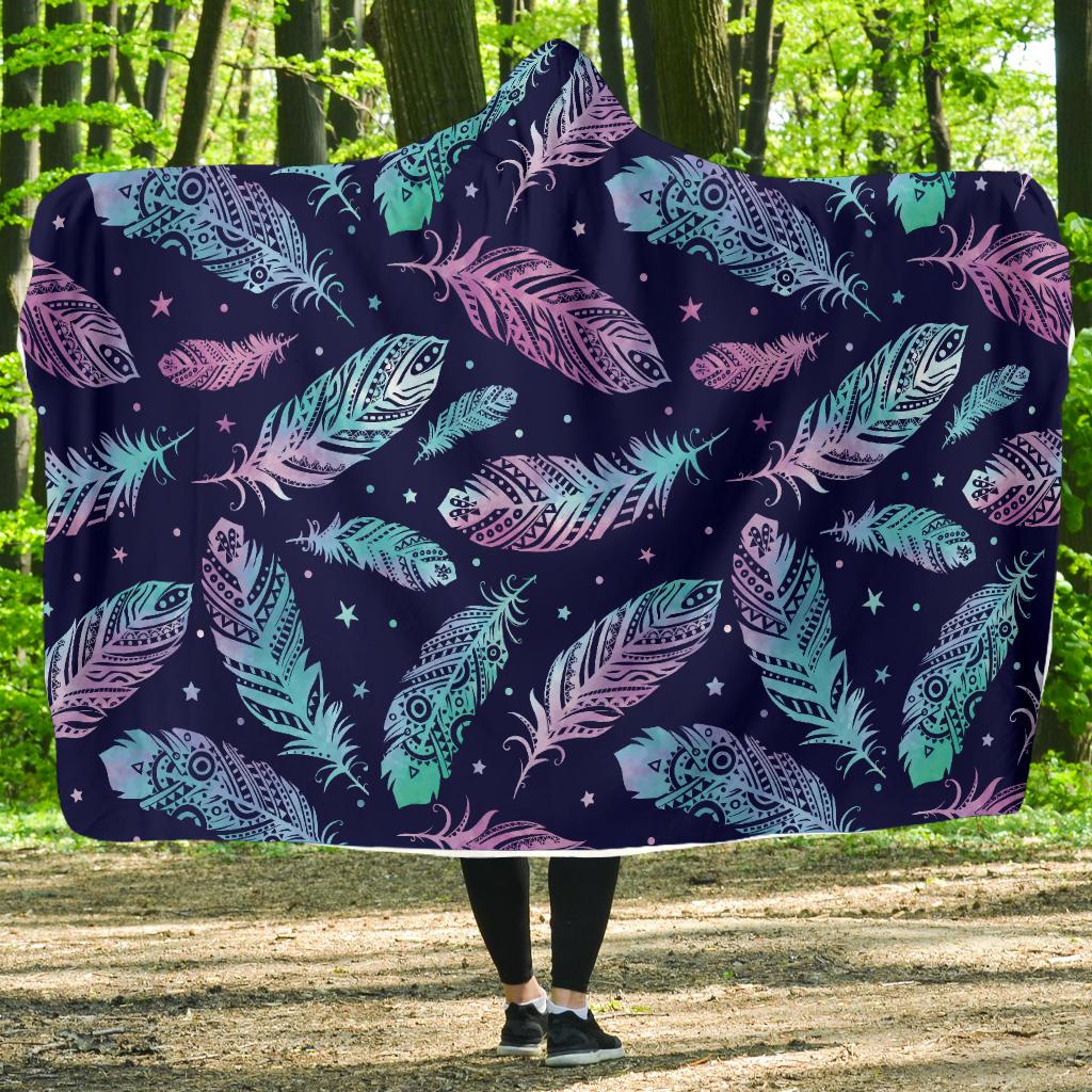 Feather Aztec Design Print Hooded Blanket-JTAMIGO.COM