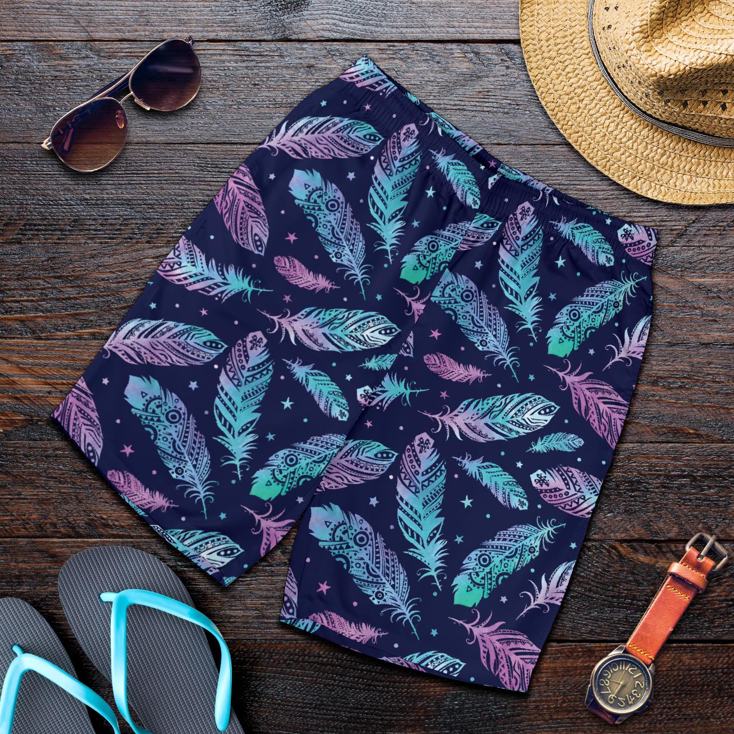 Feather Aztec Design Print Mens Shorts-JTAMIGO.COM