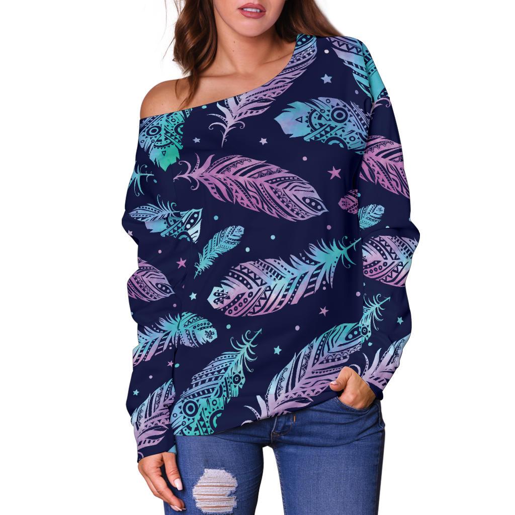 Feather Aztec Design Print Off Shoulder Sweatshirt