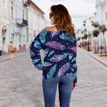 Feather Aztec Design Print Off Shoulder Sweatshirt