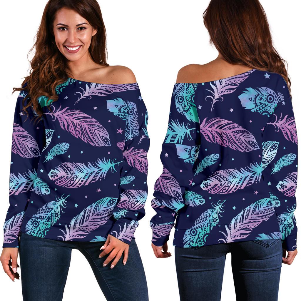 Feather Aztec Design Print Off Shoulder Sweatshirt