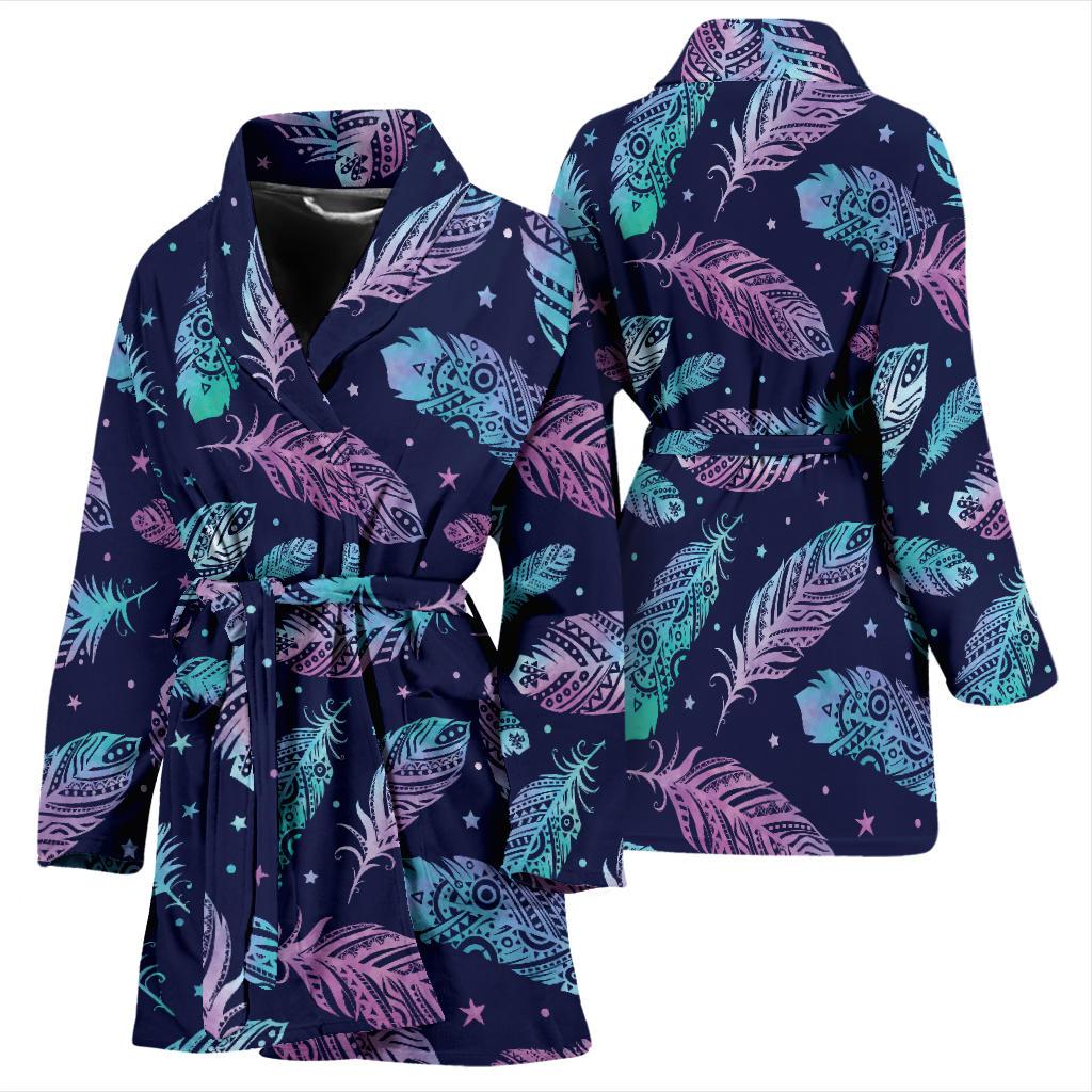Feather Aztec Design Print Women Bath Robe-JTAMIGO.COM