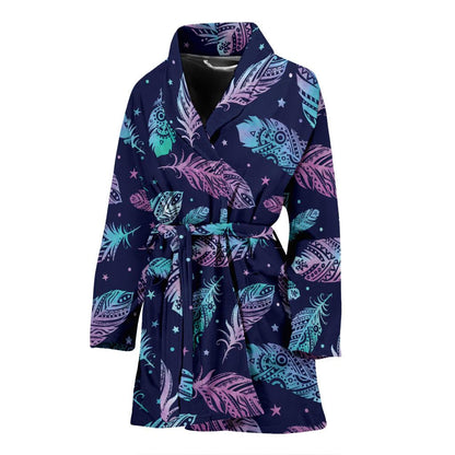 Feather Aztec Design Print Women Bath Robe-JTAMIGO.COM