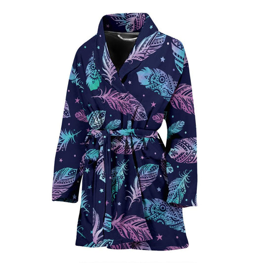 Feather Aztec Design Print Women Bath Robe-JTAMIGO.COM