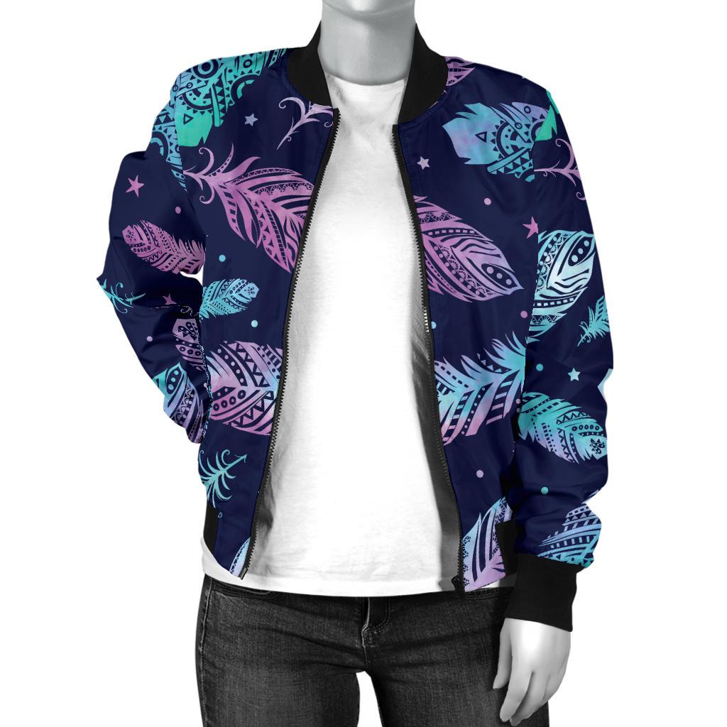 Feather Aztec Design Print Women Casual Bomber Jacket