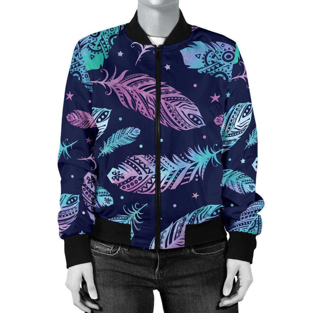 Feather Aztec Design Print Women Casual Bomber Jacket