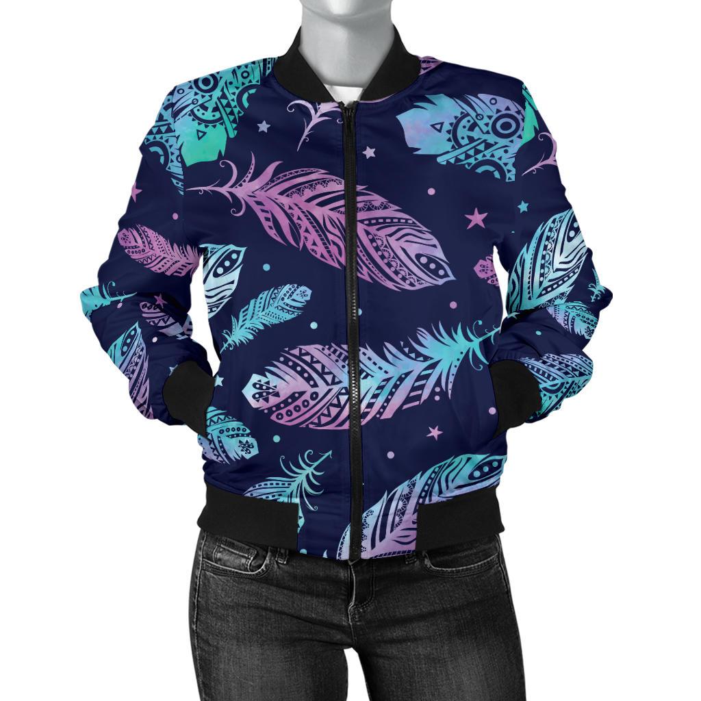 Feather Aztec Design Print Women Casual Bomber Jacket