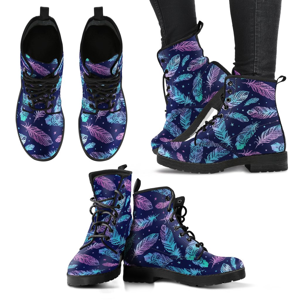 Feather Aztec Design Print Women Leather Boots-JTAMIGO.COM