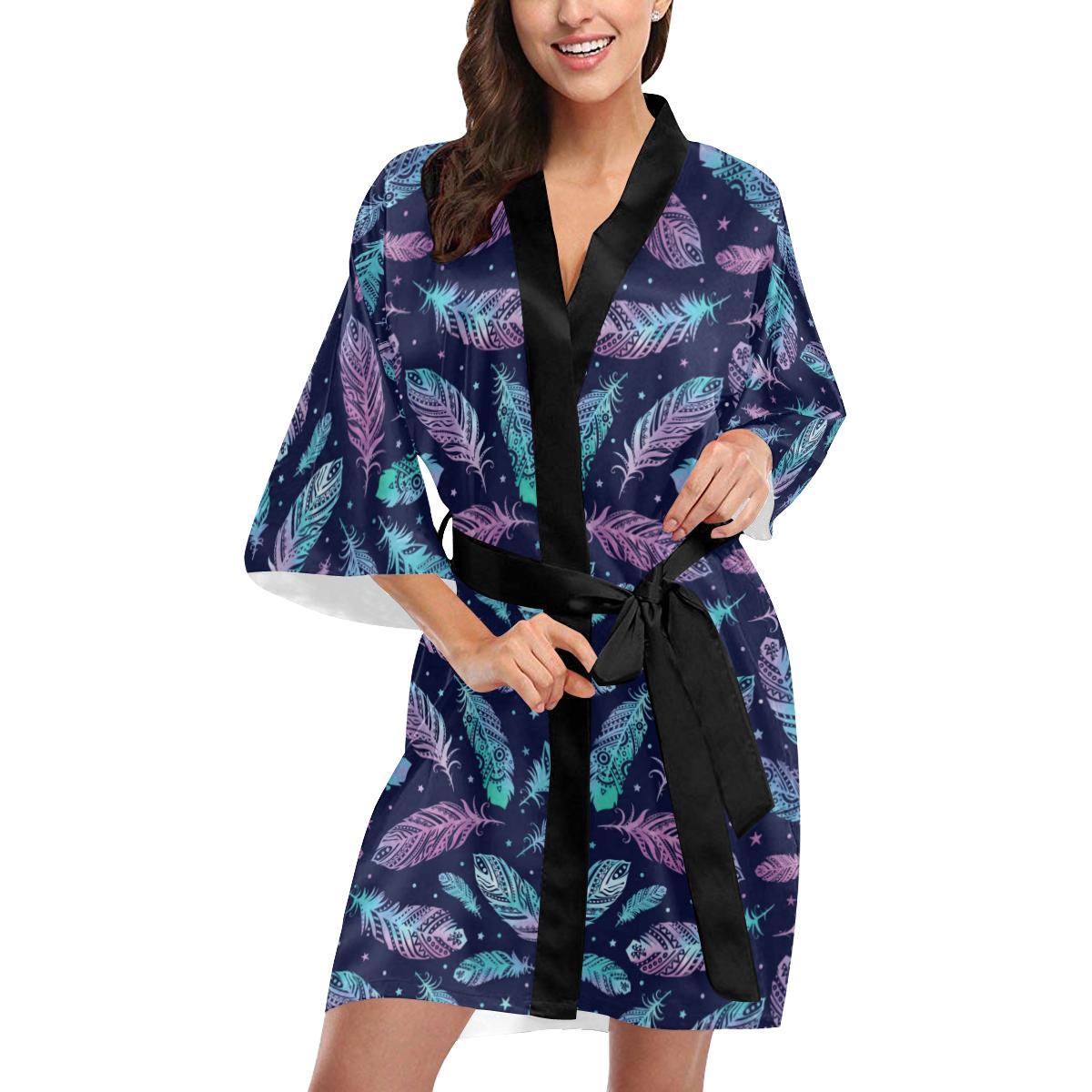 Feather Aztec Design Print Women Short Kimono Robe